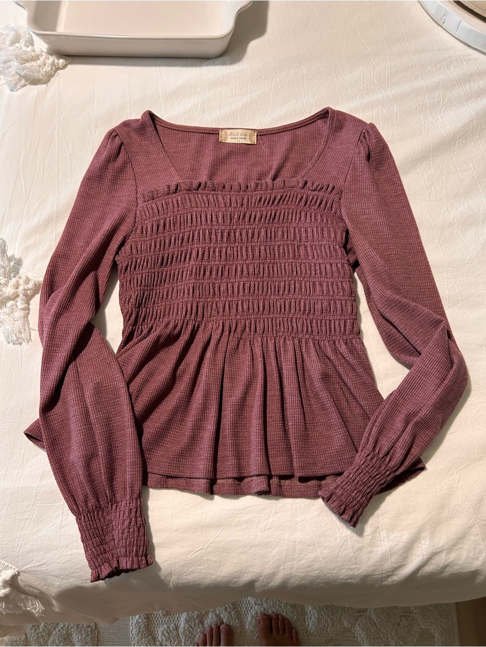 Smocked Long-Sleeve Peplum Top - Mauve